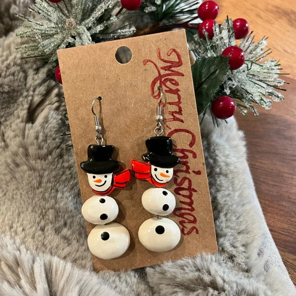 Vintage Jewelry - Vintage Dangle Snowman Earrings • Silver Tone Hooks • Hand Painted